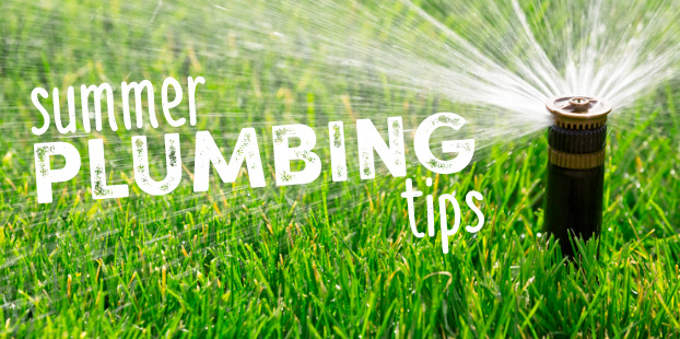 Automated sprinkler shooting out water with caption "Summer Plumbing Tips" for blog "Summer Plumbing Tips"