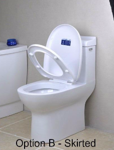 Skirted, white porcelain toilet