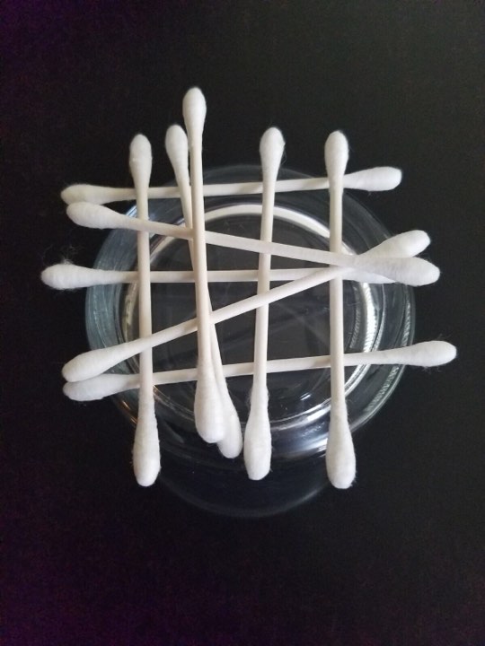 10 Q tips in a grid-like formation on a container as a visual of what not to flush