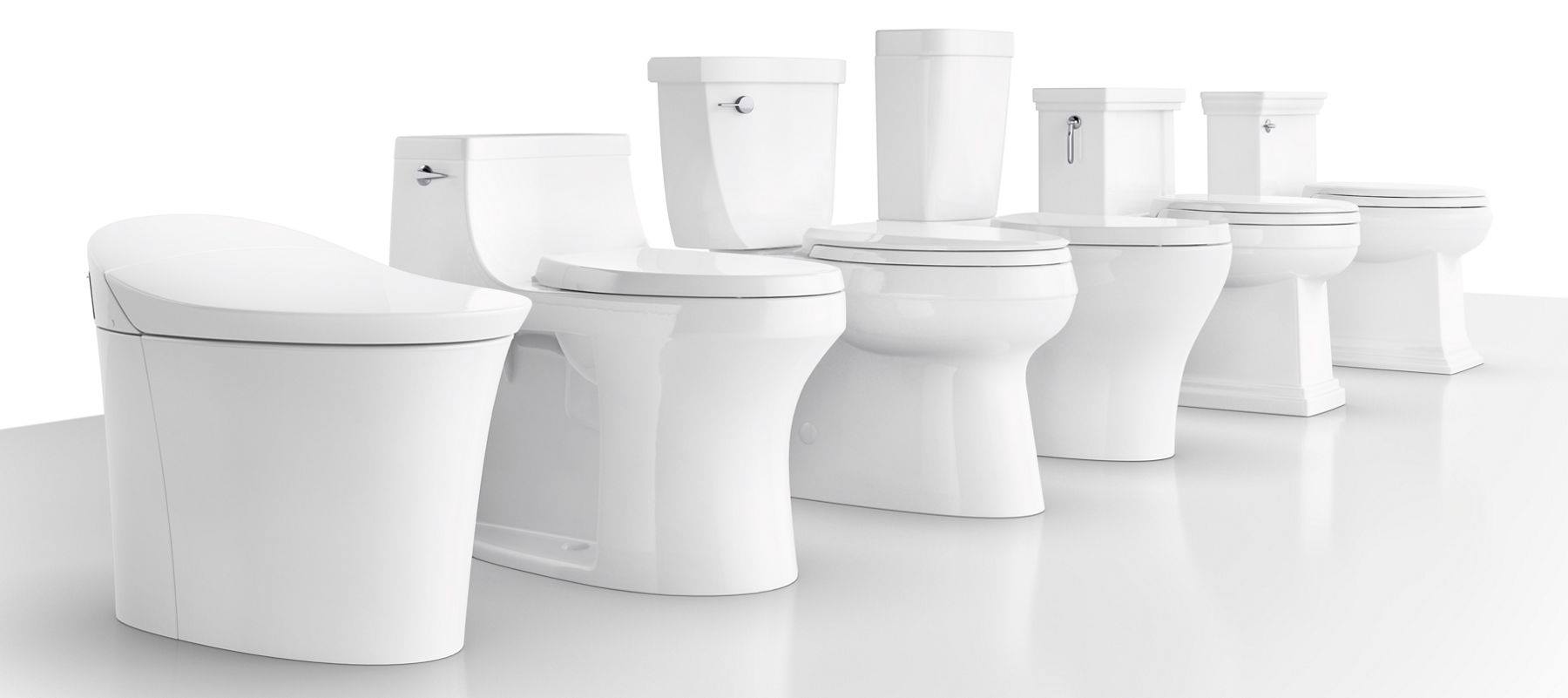 6 toilets line up, all different styles/options