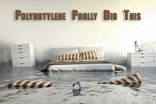 Image of a flooded bedroom with the caption "Polybutylene Prolly Did This"