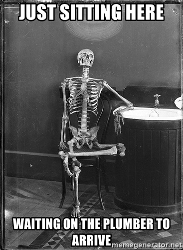 Skeleton sitting in a chair captioned "Just sitting here waiting on the plumber to arrive"
